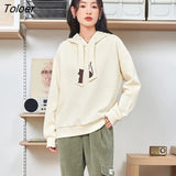 Women Fleece Hooded Sweatshirt 2022 Winter Long Sleeve Loose Hoodie Cat Embroidery Warm Casual Streetwear