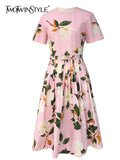 Sweet Print Floral Dress For Women Round Neck Short Sleeve High Waist Colorblock Midi Dresses Female Summer