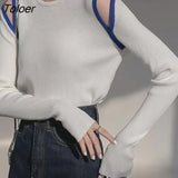 2023 Off Shoulder Knitted Sweater Women Autumn Round Neck Hollow Out Pullovers Woman Korean Long Sleeve Jumper