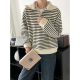 Women's Striped Polo's Neck Zipper Oversized Sweatshirt Long Sleeve Loose Casual