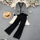 Plaid Knitted Two Pieces Suit Women Loose Knit Cardigan +Wide Leg Knitted Long Pant 2022 Winter OL Casual Sweater