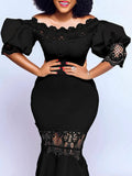 Women's One-Word Collar Bubble Sleeve Lace Splicing Banquet Fishtail Dress Dress Dress Dress Dress