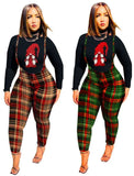 Casual Print Long Sleeve Top And Plaid Suspender Pant 2 Piece