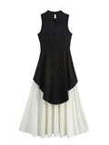 Dress Women's 2025 Spring Temperament Elegant Splicing Pressure Folding Long Dress Atmosphere Black And White
