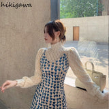 Temperament Women 2 Piece Set Turtleneck Hollow Out Sweet Tops Slim Waist Sling Bodycon Dresses Suit Roupas Femme Chic