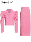 TWOTWINSTYLE Solid Color Two Piece Set For Women V Neck Puff Sleeves Shirts Top High Waist Straight Skirts Female Suits 2022