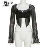 Y2k Sexy Long Sleeve Crop Tops Black Shirts 2 Piece Set Irregular Mesh See Through Cardigan and Camis