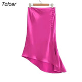 Women Elegant Solid Side Irregular Midi Skirt Female Summer