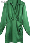 MODA 2023 Women V Neck Draw Back Green Satin Dress Ladies Casual Fashion High Street Vintage Dress Female Streewear