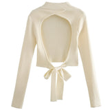 Solid Turtleneck Backless Sweater Bandage Bow Knitted Pullover Sexy Hiver Blanc Za 2021 Women Spring Tops Sous Pull