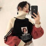 Turtleneck Hoodies Women Plus Velvet Warm Harajuku Printed Pullovers Tops Womens Oversize Patchwork Leisure Chic