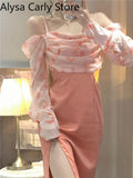 Party Elegant Fairy Split Dress Women 2022 Spring Patchwork Design Sexy Korean Party Dresses Female Casual Long Sleeve Strap Dress