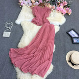 New Spring Autumn Fashion O-neck short sleeve lace patchwork Shirt Top + high waist mid-length pleated Skirt two-piece