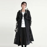 Women Black Organza Ruffles Long Trench New V-neck Long Sleeve Loose Fit Windbreaker Fashion Spring Autumn 2023