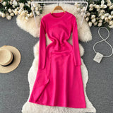 Autumn Women Split Knitted Dress Temperamant Long Sleeve O Neck Slim 2022 Fashion Party Solid Elastic Warm Long