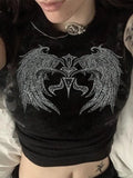 Rhinestone Decor Grunge Wing Printed Crop Top-Outfit