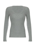Solid V Neck Long Sleeve Tee-Outfit
