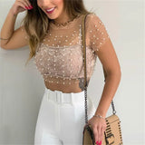 Graduation party Pearl Beading Bling Rhinestone See Through Crop Top Summer Mesh T Shirt Women Party Beach Holiday Lace Tops