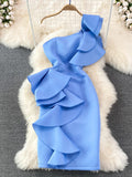 Sexy Skew Collar One Shoulder Ruffle Party Bodycon Dress Women Summer Orange/Blue/White High Waist Slim Vestidos Female Robe