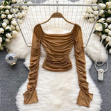 Sexy Mesh Short Blouse Women Brown/White/Blue Square Collar Long Sleeve Draped Slim Shirt Female Party Tops New Fashion