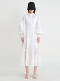 Elegant Solid Dresses For Women Stand Collar Long Sleeve Single Breasted High Waist Tunic Embroidery Dress Female
