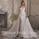 Graduation Party Gift Mermaid Wedding Dresses Glitter Appliques Lace Detachable Train Charming Sleeveless Bride Gowns Vestido De
