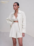 Fashion Long Sleeve Blouse + Bra Womens Three Peice Sets Casual Loose Blue Cotton High Waist Shorts Suits Female