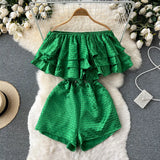 Sexy Slash Neck Off Shoulder Ruffle Rompers Women Summer Elegant High Waist Wide Leg Playsuits Green/White/Black Jumpsuits