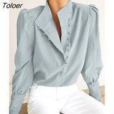 Elegant Turtleneck Blouse Long Sleeve White Shirts Office Tops Women Single-Breasted Puff Sleeve Fashion Woman Blouses