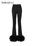 Black Flare Pants For Women High Waist Solid Minimalist Patchwork Feathers Hem Trousers Female Spring Clothing