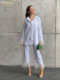 Causal White Home Suit Women Spring Elegant Loose Shirt Two Piece Pants Set Female Fashion Feather Spliced Trouser