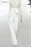 Summer Luxury Runway Fashion Round Neck Long Sleeve Lace Top+high Waist White Wide Leg Pants Set Party Women Two Piece