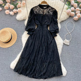 Autumn Vintage Women Lace Party Dress Elegant Round Neck Lantern Sleeve High Waist A-Line Vestidos Red/White/Black Robe New