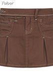 Pleated Mini Denim Skirt Women High Waist A Line Brown Micro Skirt Femme Girls Hot Jeans Skirts Grunge Bottom