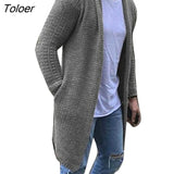 Men Sweater Coat Solid Color Open Front Knit Loose Pocket Long Cardigan Male Clothing