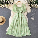 Sweet Floral Dress Women Green Square Collar Short Sleeve A-line Dresses Summer Bohemian Print Beach