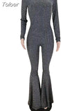 Lurex Sexy Bell Bottom Bodysuit Long Sleeve Striped Flare Jumpsuit Party Night Club Ladies One Piece Bodycon