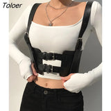 Goth Aesthetic Buckle Black Crop Tops Dark Academia Fashion PU Leather Women's Corset Tops Punk Style Gothic