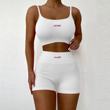 Solid Letter Label Women's Two Pieces Set Knitting Ribbed Gym Casual Crop Camisole & Shorts Active Tracksuit