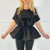 2025 Fashion New Elegant Style Collar Folded Waist Splicing Design Sense Short-Sleeved Shirt