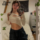 Asymmetrical Cut Out Cropped Top with Arm Sleeves Fairycore Y2k Streetwear White T Shirts for Woman Clothes