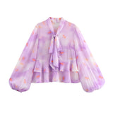 Spring Printing Lotus Leaf Lantern Sleeve Top