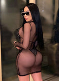 Black Sexy Mesh Dress Rhinestone Three Piece