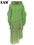 Women Green Irregular Pleated Long Big Size Dress New Hooded Long Sleeve Loose Fit Fashion Tide Spring Autumn 2023