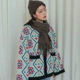 Korean Style Oversize Jacket Contrast Color Plaid Long Sleeve Knitted Sweater Cardigan Women Autumn Winter 2021 Outerwear