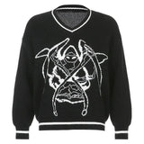 Preppy Style Oversized Knitted Sweater Women Casual V Neck Autumn Jumper Ladies Print Fashion Pullover Knitwear