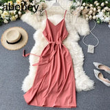Style Sexy V-neck Slit long Dress Women's Summer elegant Plain Lace-up Waist Dress Office