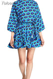 Casual Print Dress For Women O Neck Long Lantern Sleeve Bandage Bow High Waist A Line Dress Female Fashion New 2023