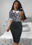 Printed Formal Turn-down Collar Short Sleeves Patchwork Midi Office