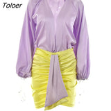 Block Deep V-neck Satin Two Piece Set Women Long Sleeve V Neck Bodysuit +Skirt Sets Matching Casual Party Club Women
